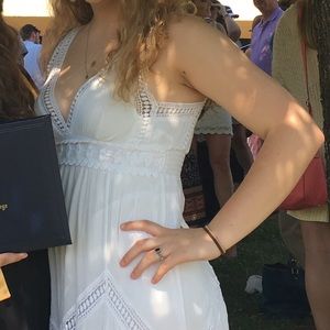 Chelsea & Violet v-neck lace white maxi dress w/small holes, has slip underneath